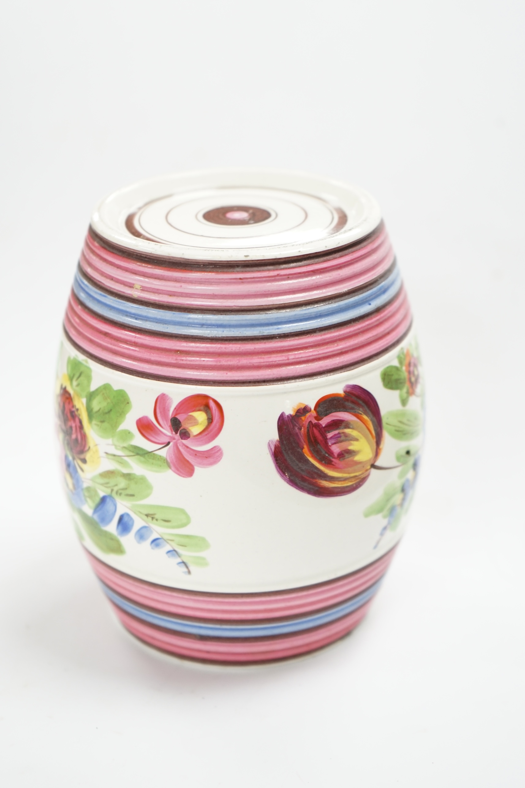 A small Victorian dated spirit barrel dated 1834, decorated with flowers and a monogram, 12cm high. Condition - good